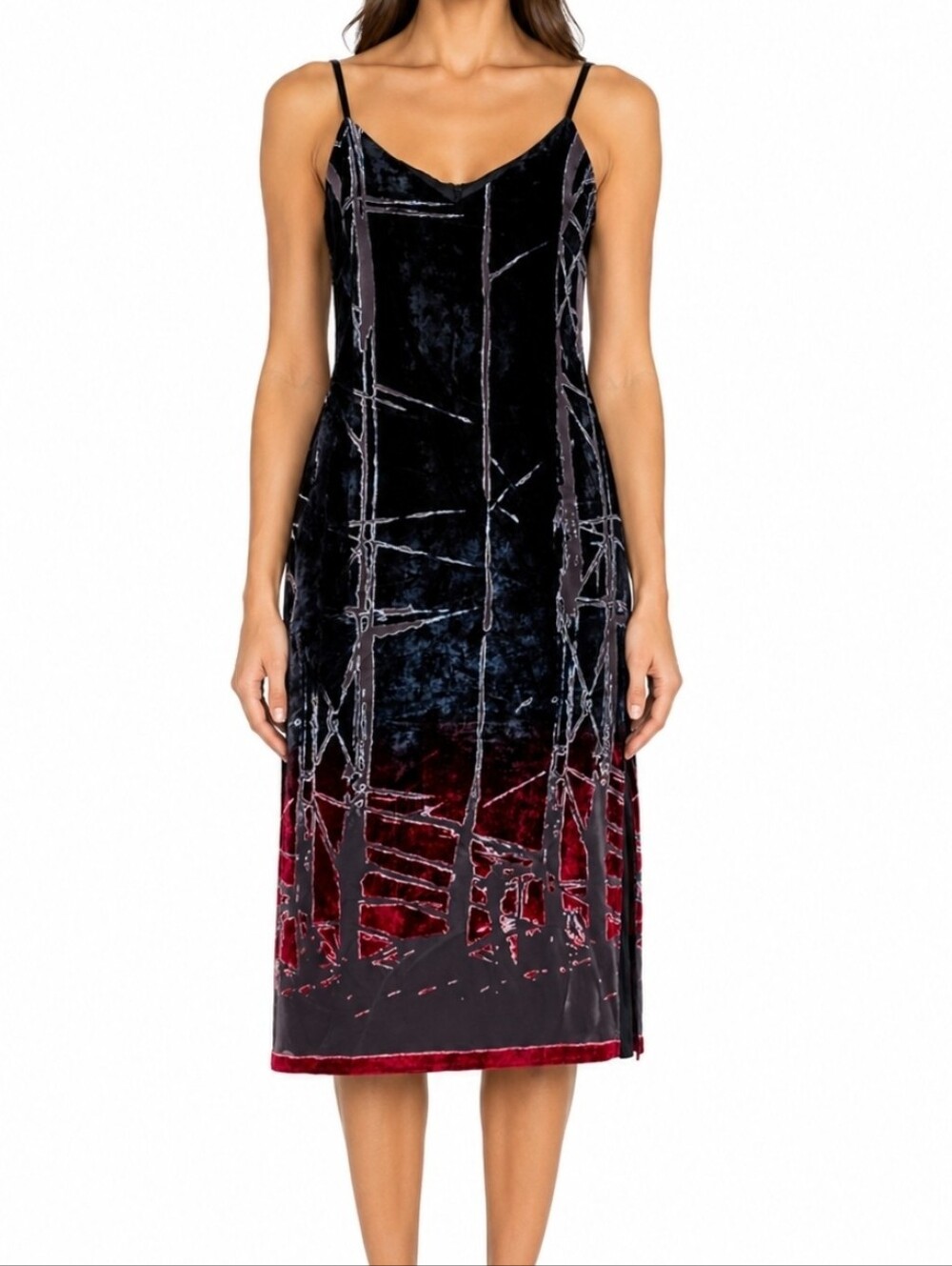 Y2K Tessuto Burnout Velvet Slip Dress Maxi Black Burgundy Size 6 Goth Fairycore